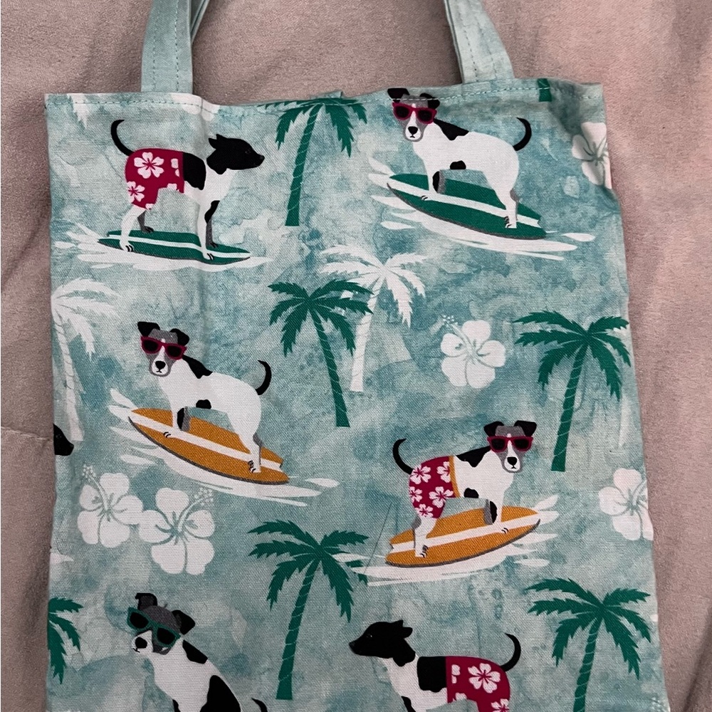 HAND SEWN Mini Tote Bag Tropical Surfing Dogs Print. 
All Fabric
Button Closure - Picture 4 of 8